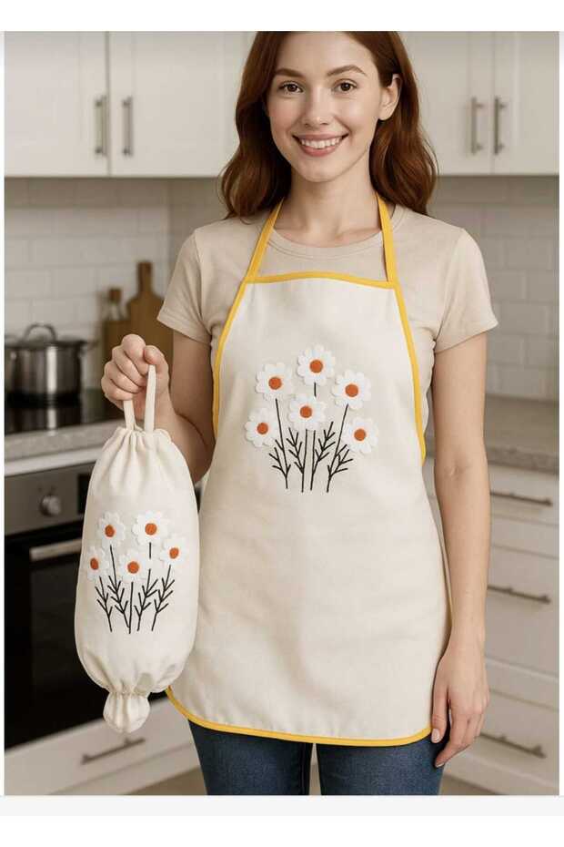 Punch Flower D Patterned Embroidered Kitchen Apron Punch Embroidered Bag Holder 2-Piece Kitchen Set
