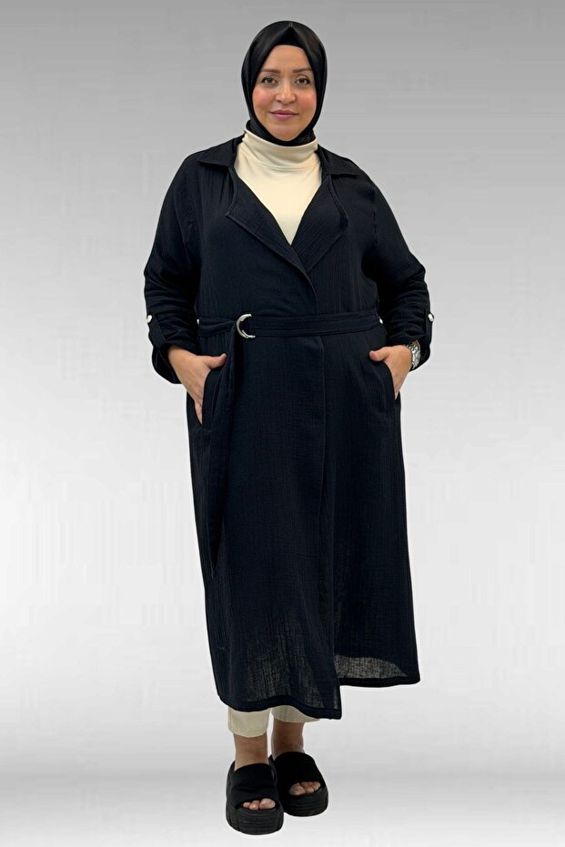 63006 Plus Size D Ring Detailed Muslin Trench Coat - Black