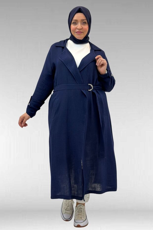 63006 Plus Size D Ring Detailed Muslin Trench Coat - Navy Blue