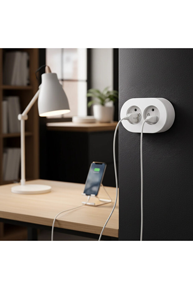 مقبس كهربائي أبيض مزدوج المدخلات مثبت على السطح، تصميم عصري - 2
