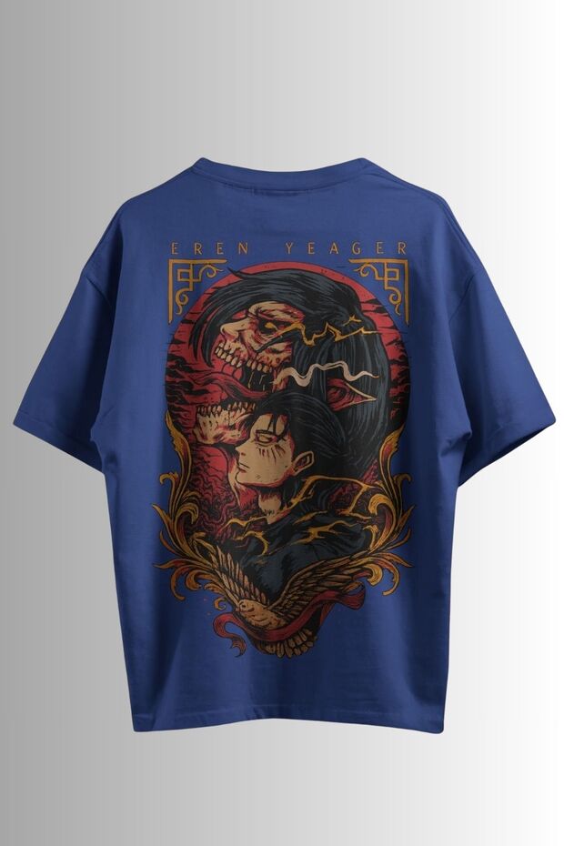 Attack on Titan Eren Yeager Anime Unisex Oversize 24/1 Cotton T-Shirt - Special Collar Print