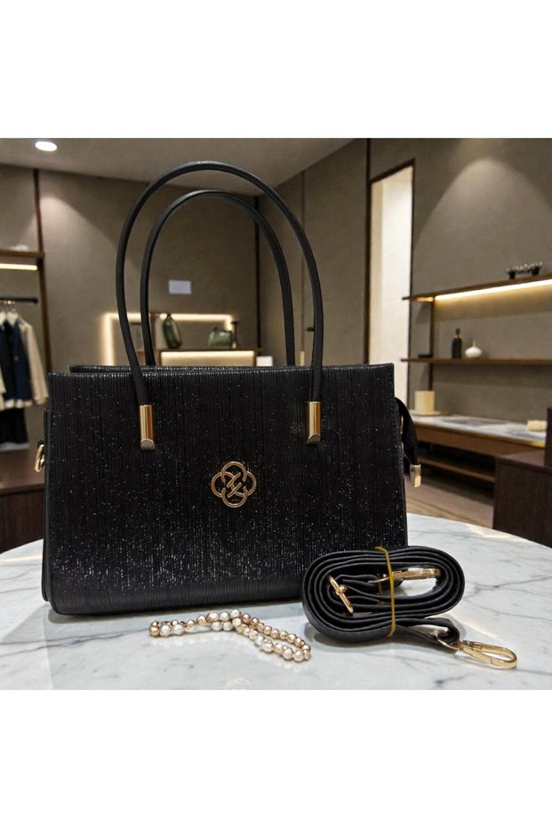 Women's Black Glittery El and Shoulder Bag Gold Detailed Stylish Evening Dress & Event Dress Bag Si