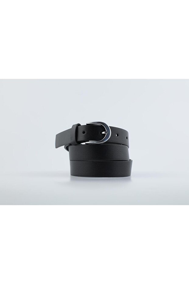 Silver Buckled Black Faux Leather Women's Belt