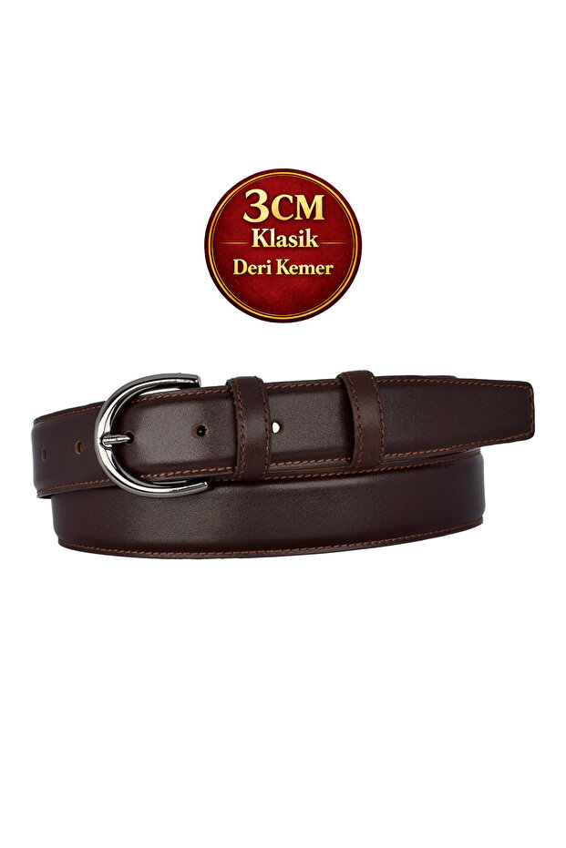 Genuine Leather , 3 cm Black Nickel Color Buckled , Dark Brown, Stitched Classic Women's Belt I, 3Cmkla03