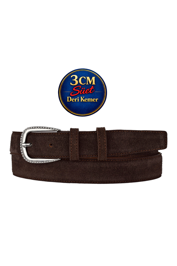 Genuine Leather , 3 cm Black Nickel Color Buckled , Dark Brown Suede , Stitched Classic Women's Belt I, 3Cmk30