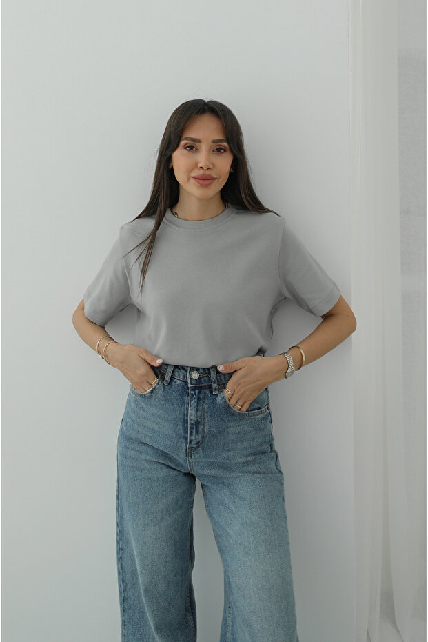 Smoke Gray 100% Cotton Crew Neck T-Shirt