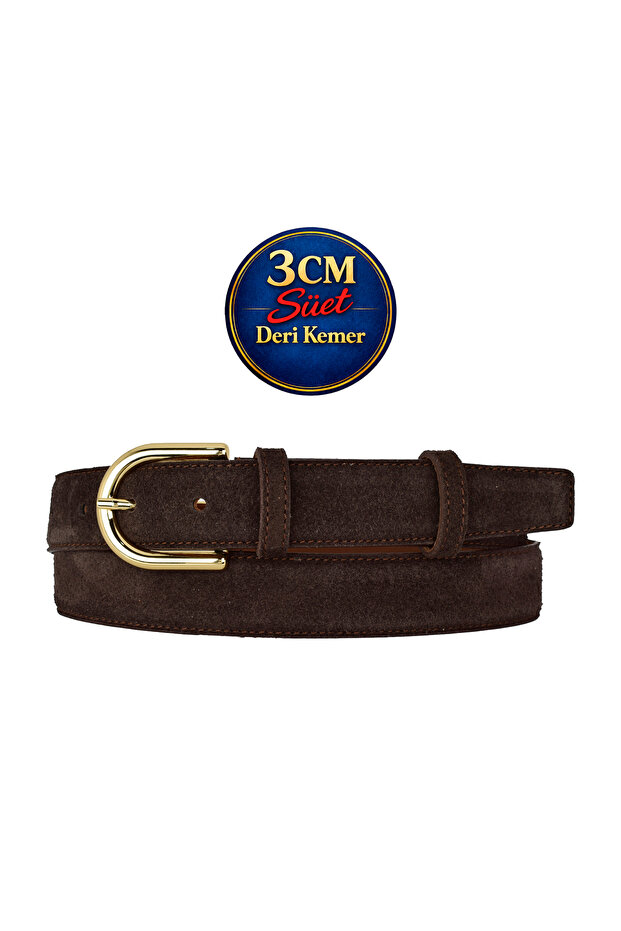 Genuine Leather , 3 cm Gold Color Buckled , Dark Brown Suede , Stitched Classic Women's Shoes Belt I, 3Cmkla22