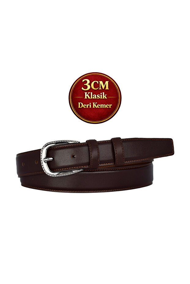 Genuine Leather , 3 cm Black Nickel Color Buckled , Dark Brown, Stitched Classic Women's Belt I, 3Cmkla30