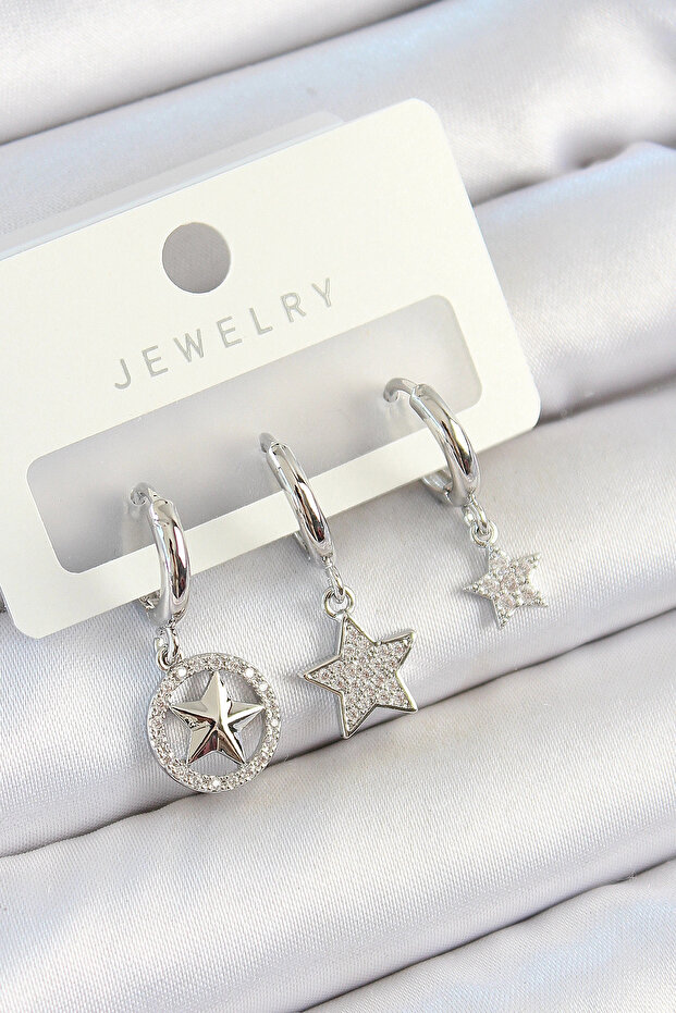 Brass Zircon Stone Star Model Silver Color 3-Piece Double Women's Earring Set