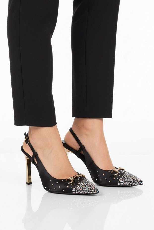 Black Satin Stone Embellished Women's Evening Dress Shoes