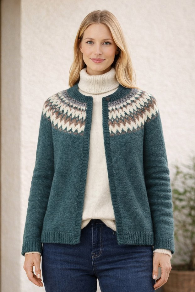 Hand Knitted Nordic Patterned Green Women's Cardigan – Nordic Style Soft Knitwear Winter Cardigan