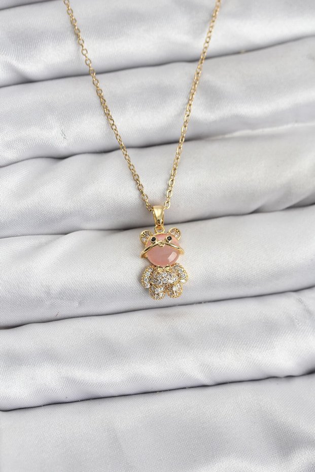 316L Steel Chain Gold Color Teddy Bear Model Zircon Stone Women's Necklace - Tj-Bko10852