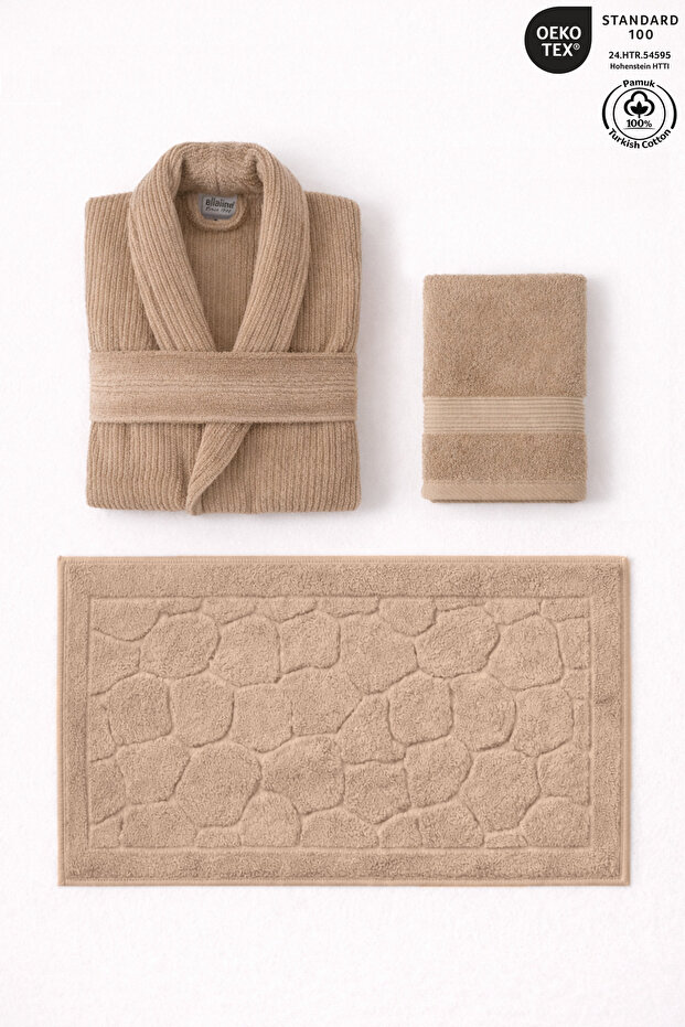 3-Piece Beige Bathrobe Set 100% Cotton Certified Striped Bathrobe, Head and Foot Towels (Stone Pattern Mat)