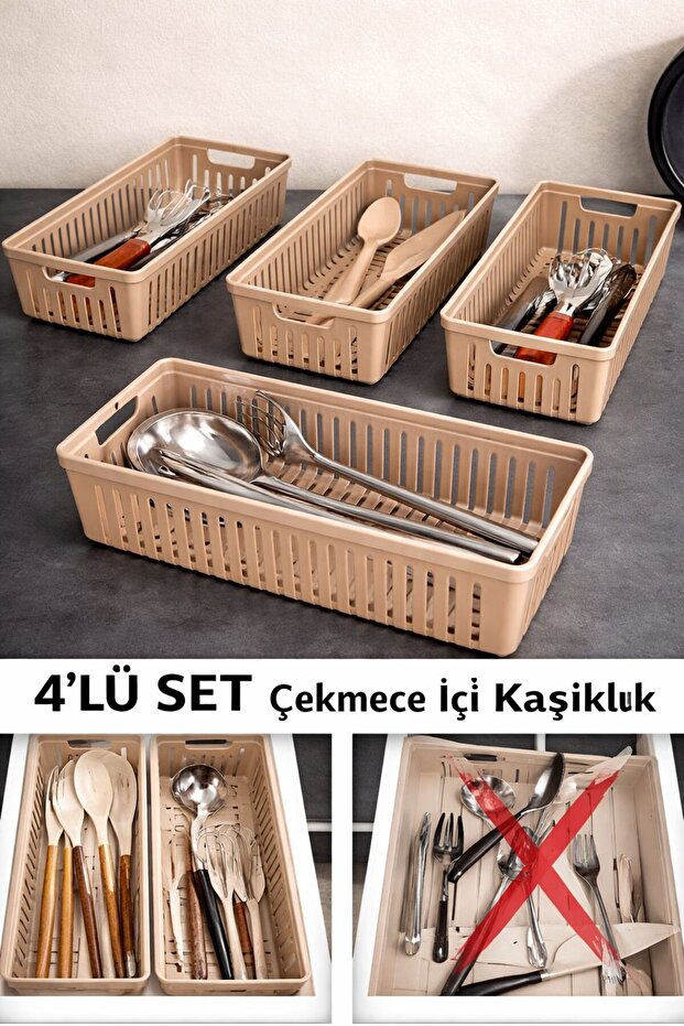 Set of 4 Drawer Cutlery Organizers – Multi-Purpose Kitchen - Cabinet Organizer Basket