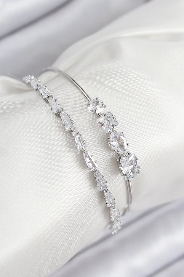 Brass Zircon Stone Watercourse Model Silver Color Women's Bracelet