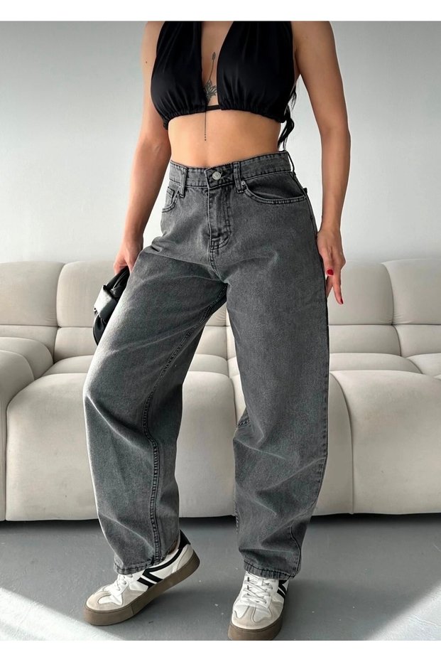 Women's Drapey Leg Gray Baggy Jean Trousers