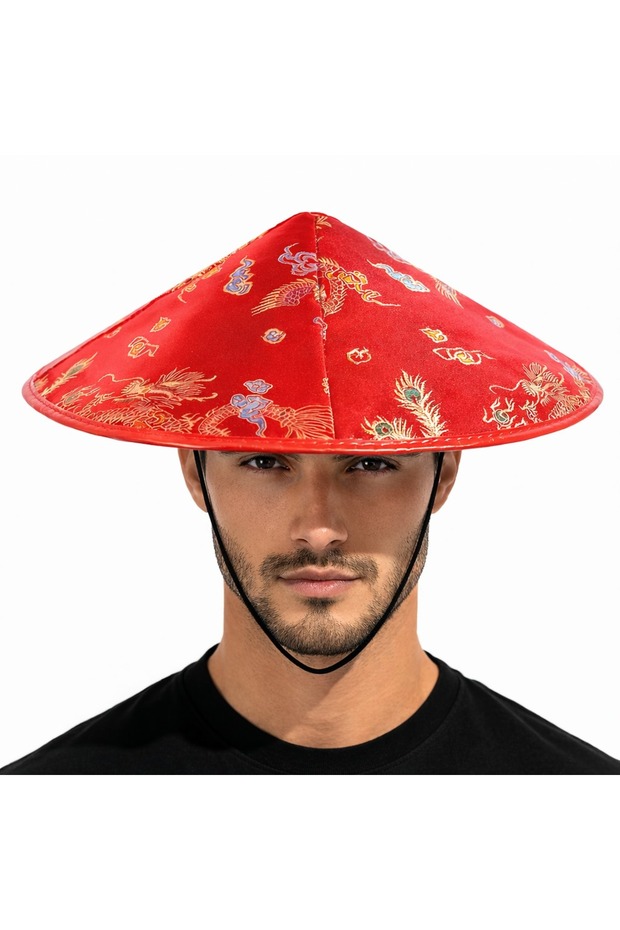 Red Satin Dragon Embroidered Hat – Elasticated - 1