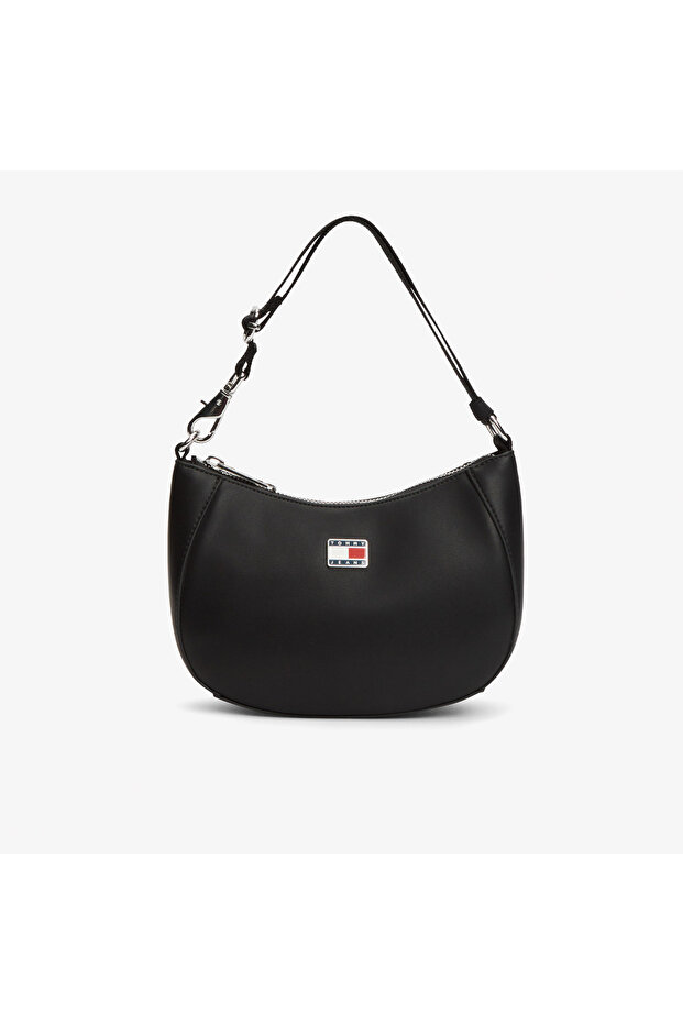 Women's Th Logo Signature Leather Black Shoulder Bag with Adjustable Shoulder Strap