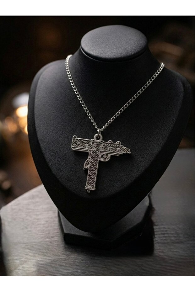 Silver Color Engraved Necklace with Rifle Figure