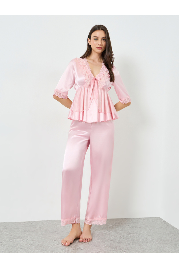 Pink Bow Detail Lace Trim Top with Pyjama Set