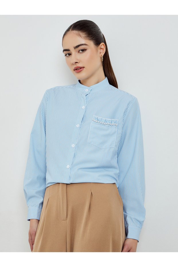 Blue Striped Long Sleeve Shirt with Pearl Pocket Detail