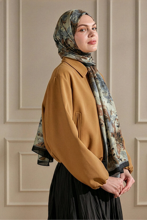 Black Yellow Commemorative Flowers Patterned Organic Shawl