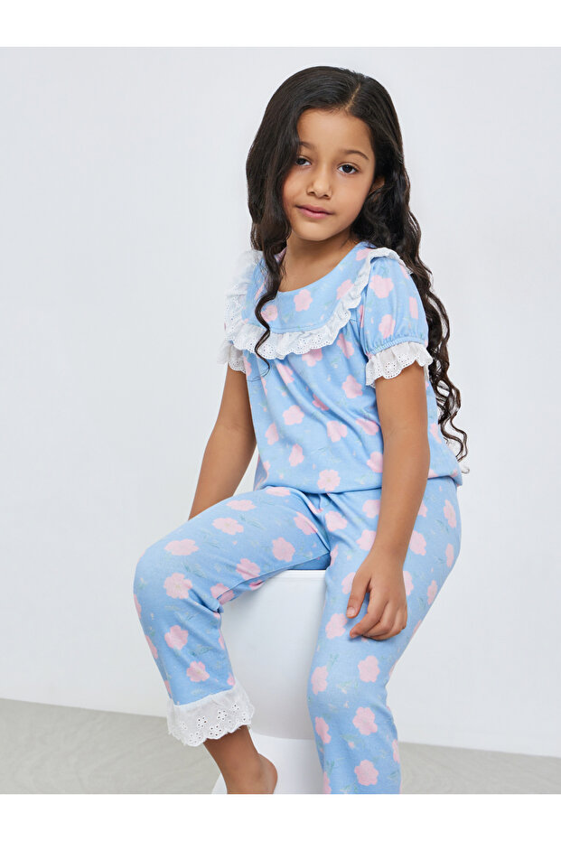 Girls Blue Floral Print Top and Pyjama Set