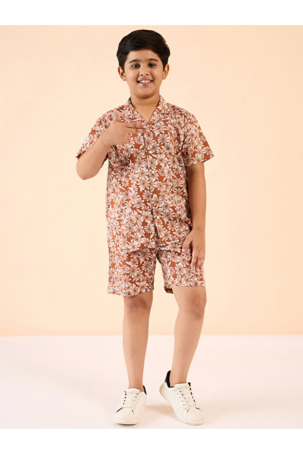 Boys Brown Floral Cotton Shirt and Shorts Set