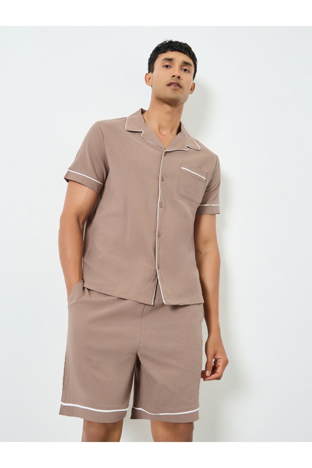 Men Brown Piping Detail Shirt and Shorts Set