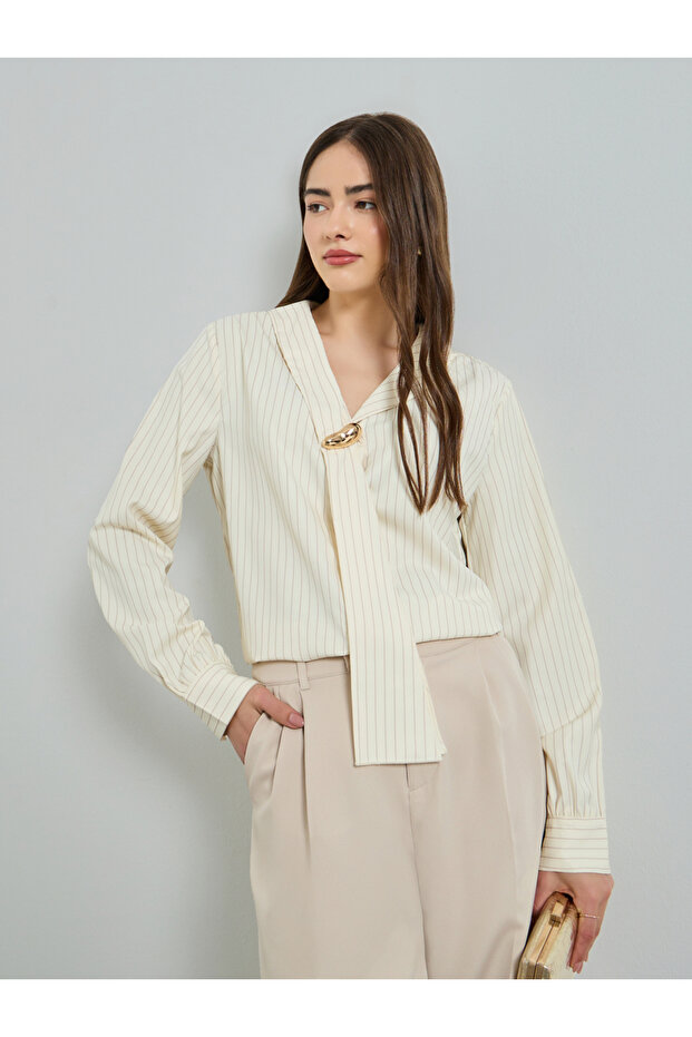 Cream Pinstriped Shirt with Metal Buckle