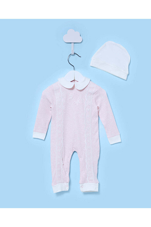 Infant Girls Pink Melange Romper with Cap