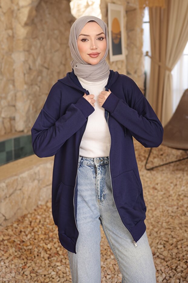 Navy Blue Kangaroo Pocket Three Yarn Cardigan