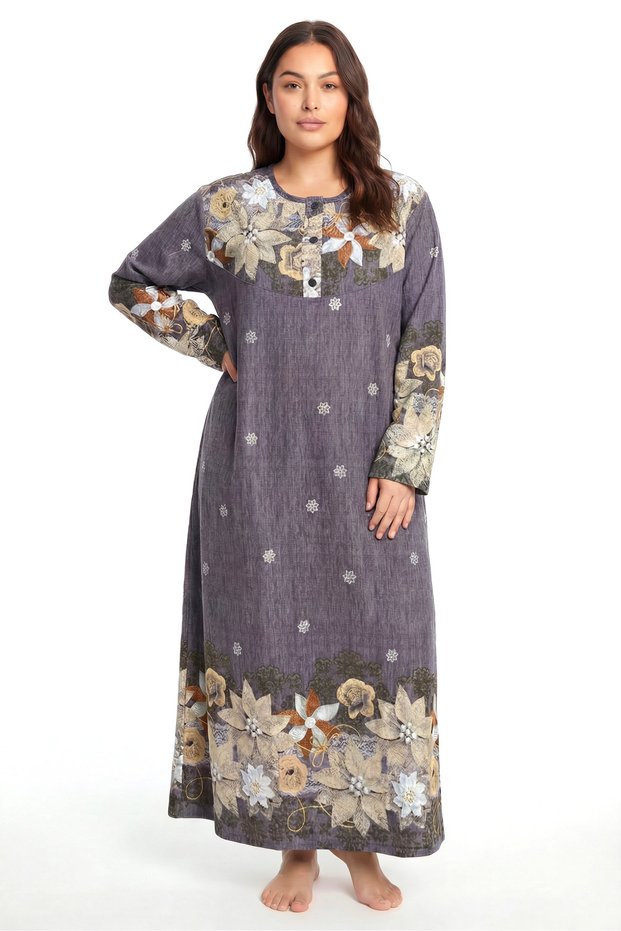 Plus Size Floral Print Long Sleeve Mother's Nightgown Coffee Color