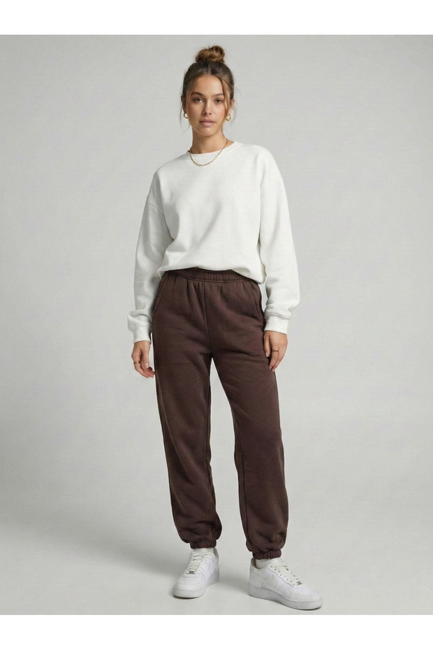 Women's Brown 3 Thread Sweatpants Sh Brushed Inside C Pocketed J Jogger Pants Sweatpants Nj116