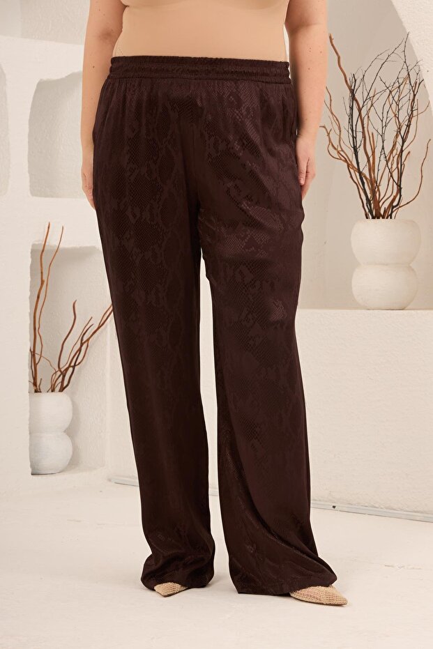 Yılan Patterned Women's Large Size Wide-Leg Pants with Elastic Waist Brown