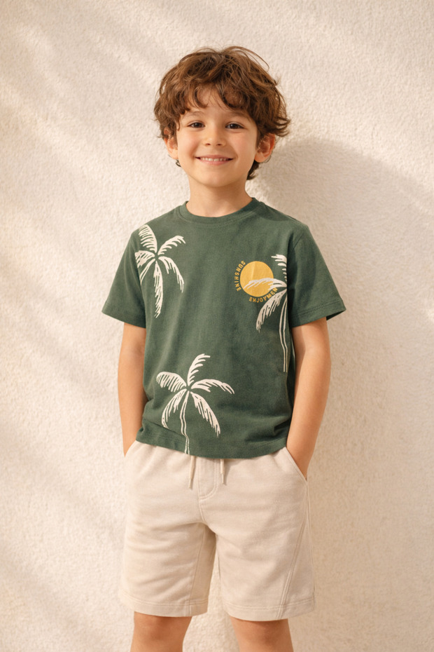 Boy's Green Palm Printed T-Shirt and Shorts 2-Piece Summer Set