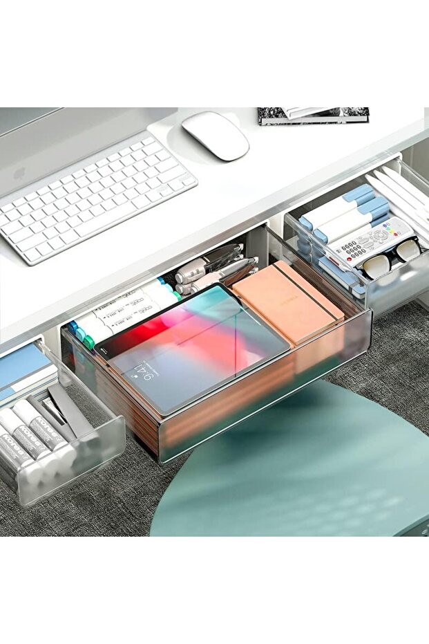 3-Pack Under Desk Storage Drawers,Self-Adhesive Hidden Organizer,Transparent,Multi-Size