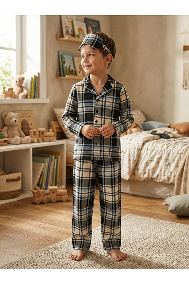 طقم بيجامة للأولاد مكون من قطن قطع بأزرار وشريط للعين موسمي - 1