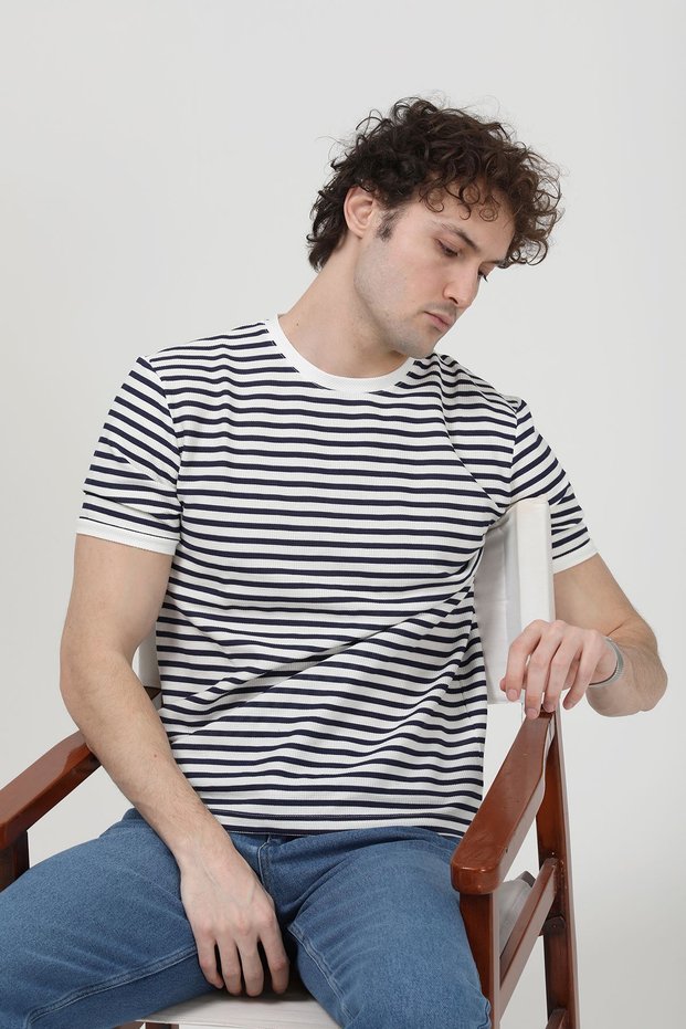 Men's Crew Neck Short Sleeve Striped T-Shirt Navy Blue - 26Y 3005