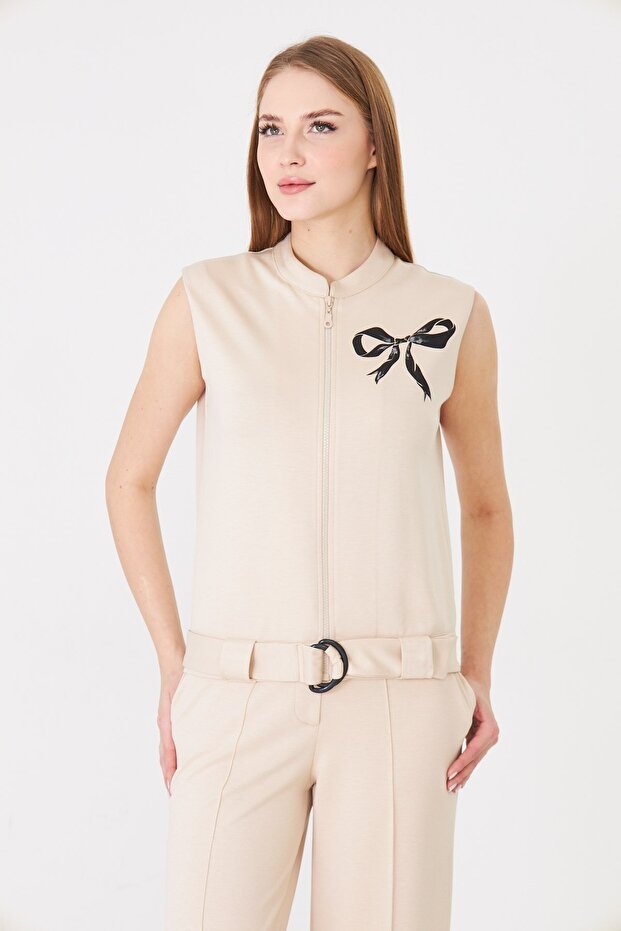 Women's Mock Neck Bow Printed Zipper Belt Pack Vest Beige
