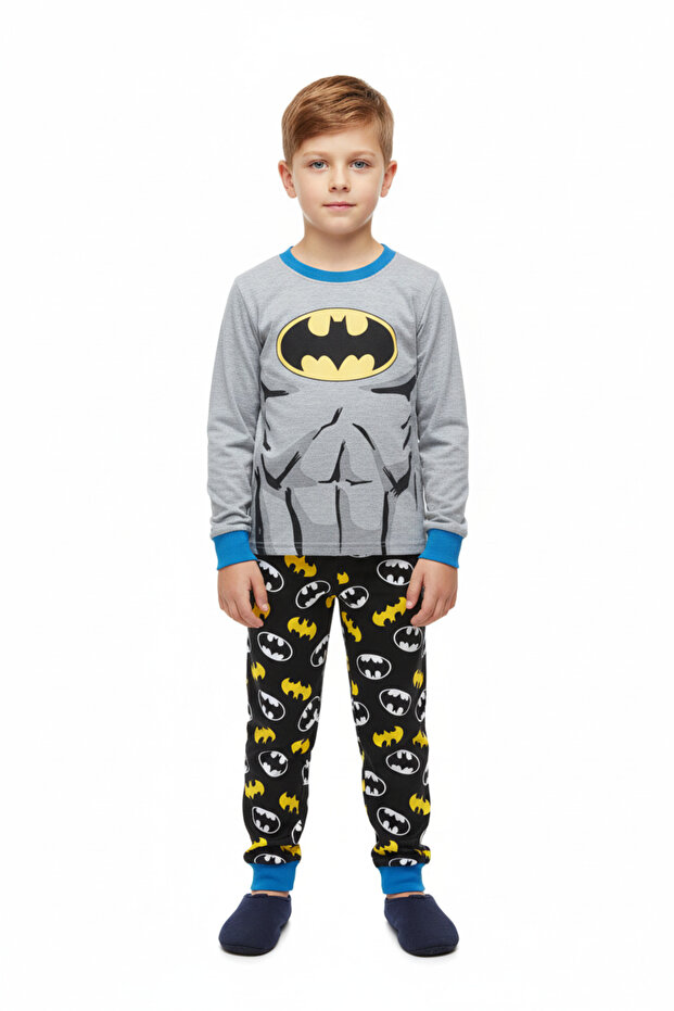 Boys Night Pajama Set – Long Sleeve, Black & Grey, 3–7 Years