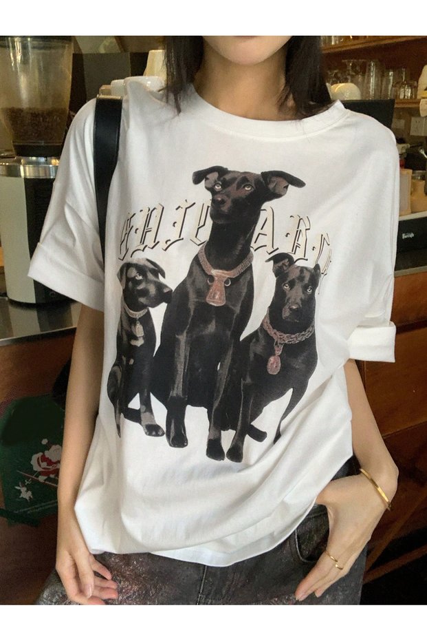 Women's White 3-Piece Dog Printed Oversized T-Shirt