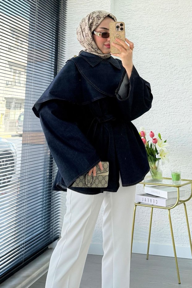 Premium Cloak Detailed Denim Poncho — Blue