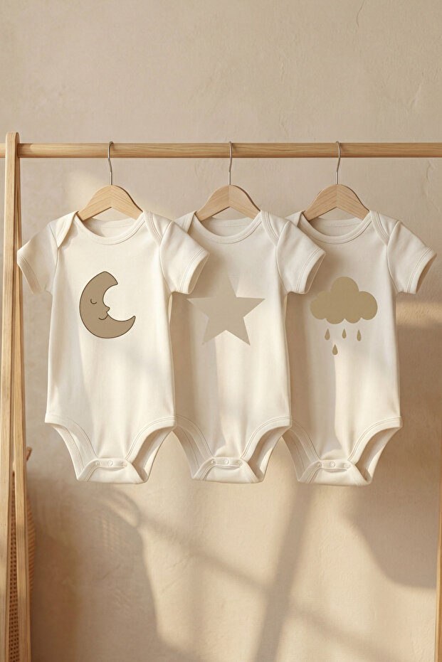 100% Organic Cotton Moon Star Cloud Printed Short Sleeve Snap Fastener Baby Bodysuit