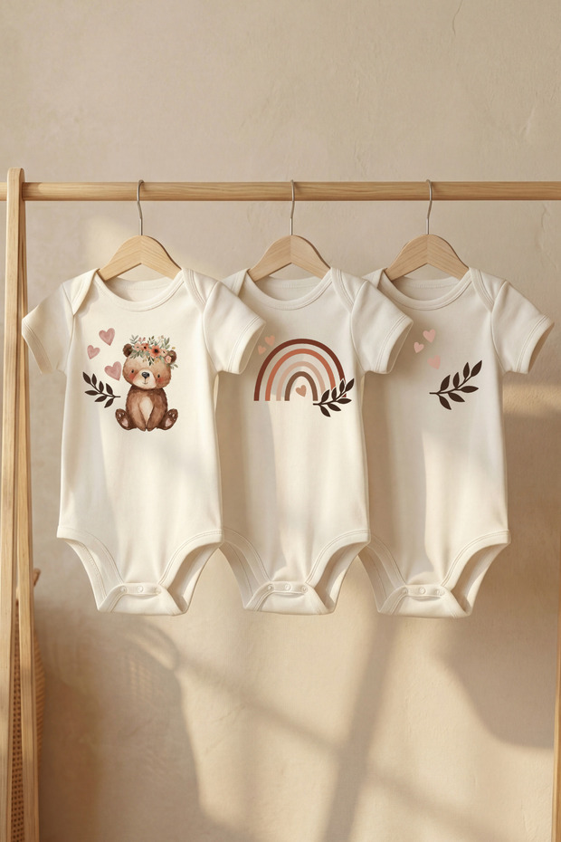 100% Organic Cotton Teddy Bear and Rainbow Printed Short Sleeve Snap Fastener Baby Bodysuit