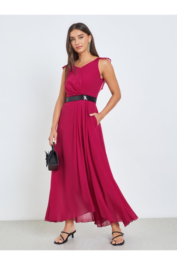 Dark Pink Sleeveless Sequined Detail Maxi Dress