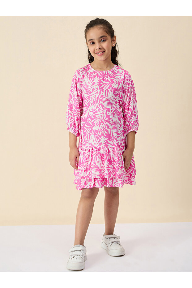Girls Pink Floral Print Layered Hem Dress