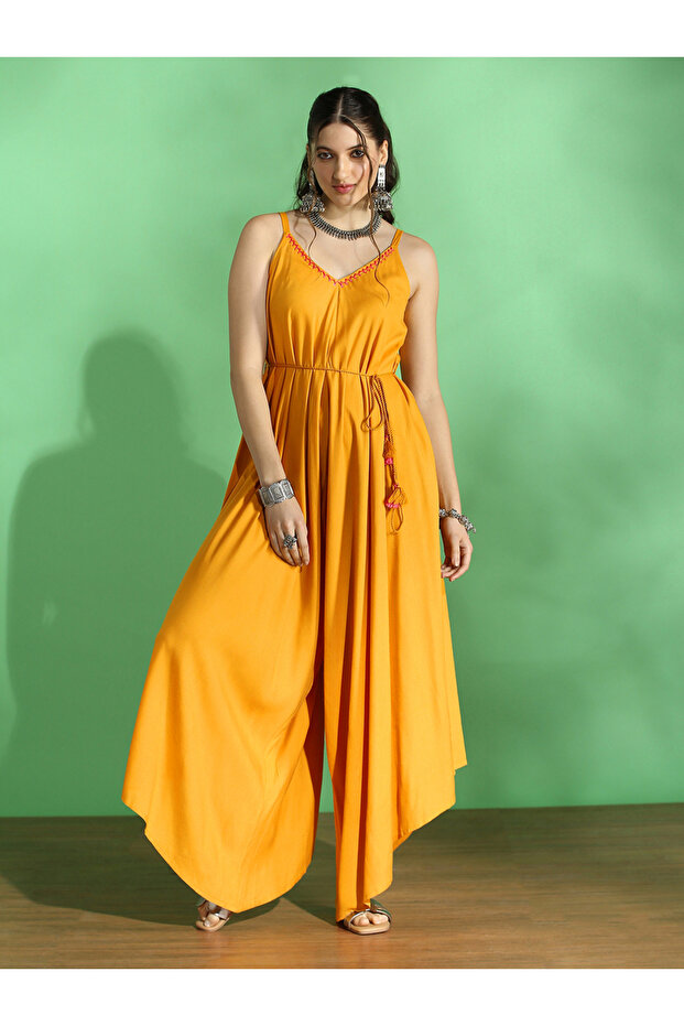 Women Mustard Asymmetric Jumpsuit with Waist Tie