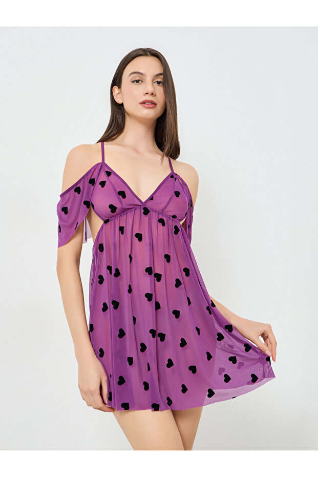 Purple Flocked Heart Print Babydoll