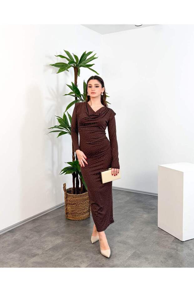 Degaje Yaka Stone Printed Side Draped Long Sleeve Long Women's Dress